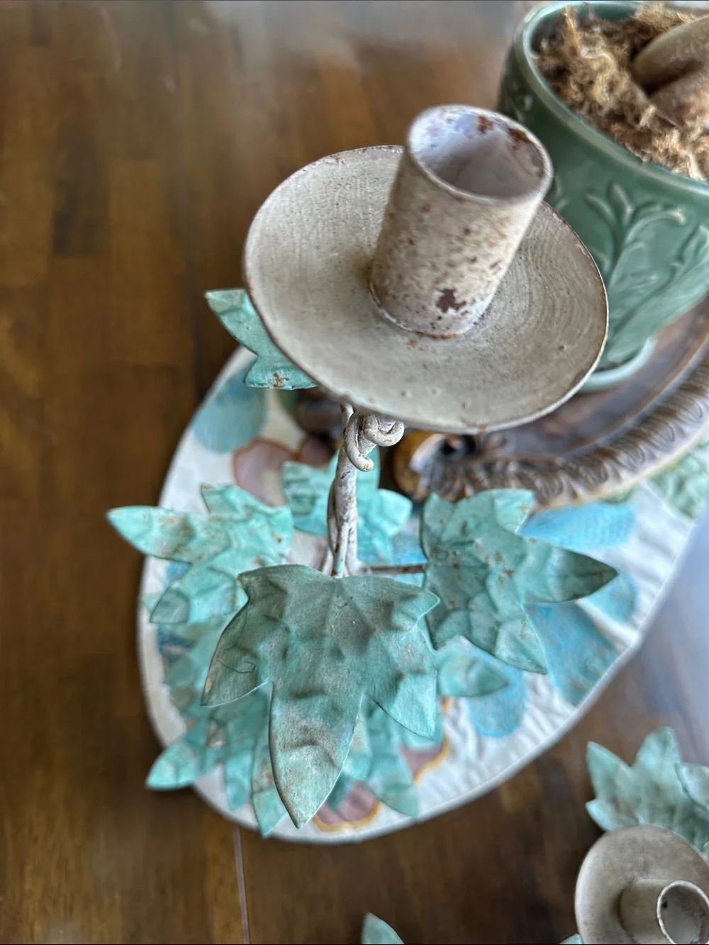 Metal Ivy Branch Candle Holders - Green Patina- set of 3